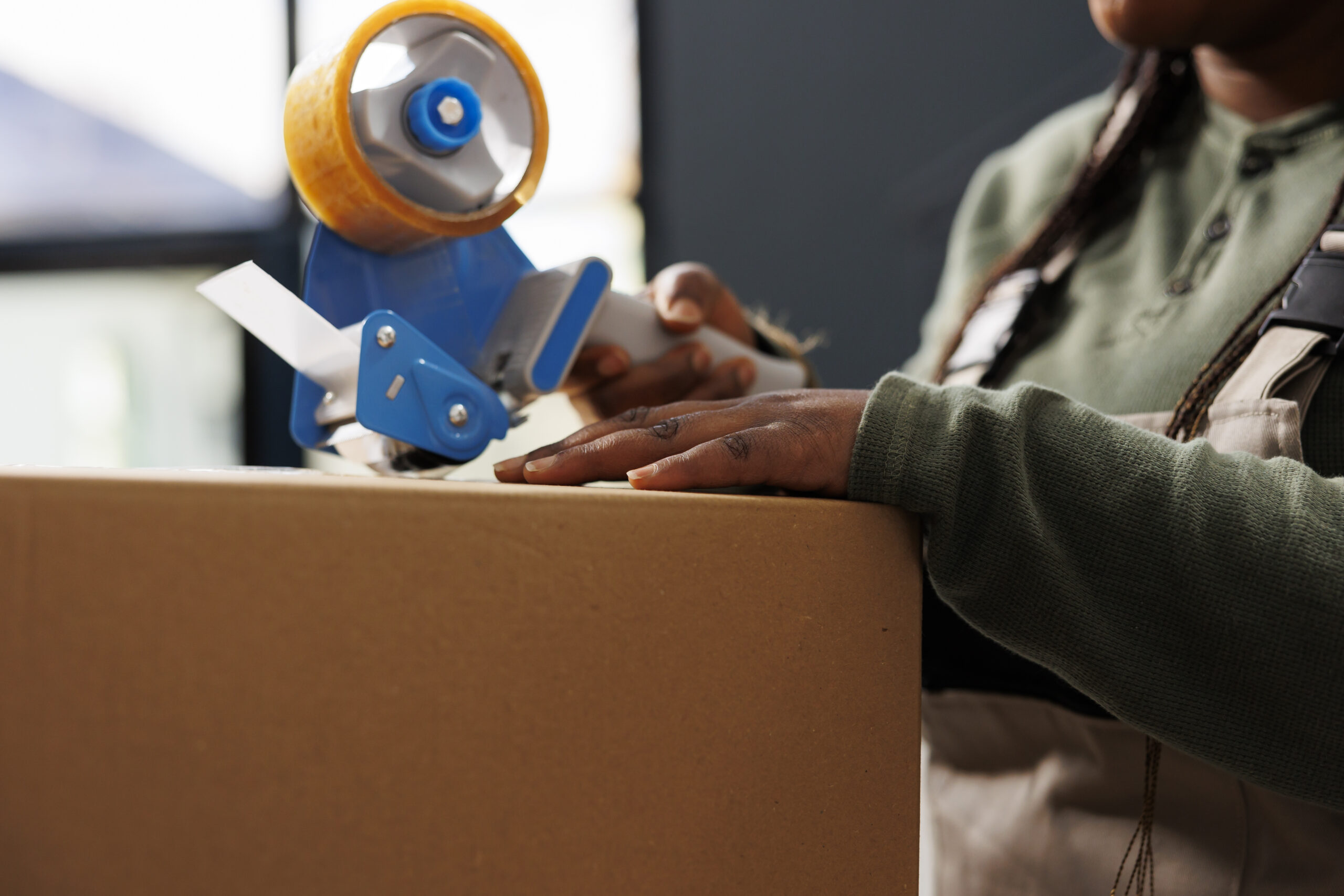 Cheerful worker putting adhesive tape on cardboard box